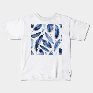 Indigo blue feather pattern Kids T-Shirt